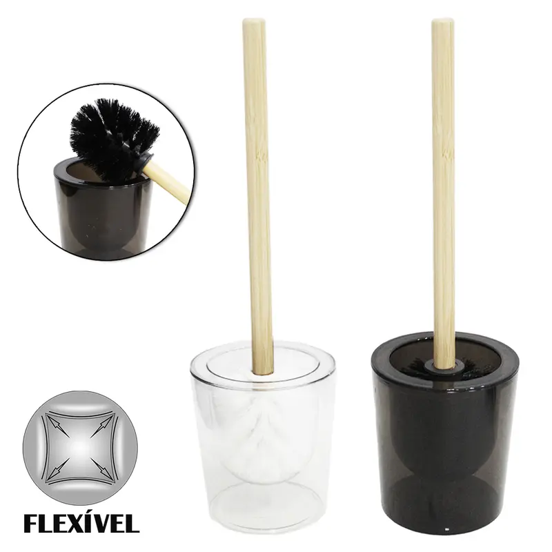 ESCOVA SANITARIA COM SUPORTE DE PLASTICO PET FLEXIVEL REDONDO CABO BAMBU 38X11,3CM DE Ø