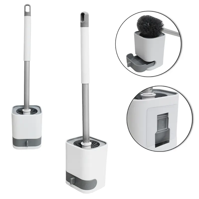 ESCOVA SANITARIA COM SUPORTE DE PLASTICO RETANGULAR DE PAREDE + GAVETA + AUTOADESIVO E CABO ALUMINIO 47,5X10,5X9,5CM