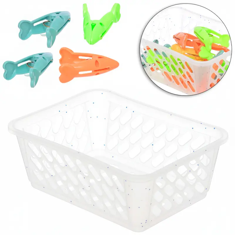 CESTA DE PLASTICO PARA PRENDEDOR + 16 PRENDEDORES COLORS 15X11X6CM
