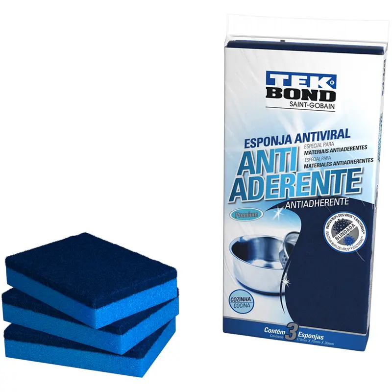 ESPONJA / BUCHA ABRASIVA ANTIVIRAL ANTIADERENTE DUPLA FACE BLINDADA 3 PECAS 110X75X20MM
