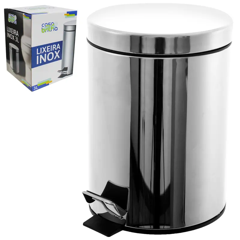 LIXEIRA COM PEDAL REDONDA DE INOX E BALDE INTERNO REMOVIVEL CASA BRILHA 3L 24,3X16,8CM DE Ø