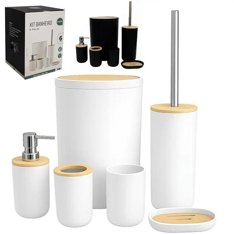 JOGO PARA BANHEIRO LIXEIRA/ESCOVA SANITARIA/PORTA SABONETE LIQUIDO/SABONETEIRA/PORTA ESCOVA/COPO PLASTICO/BAMBU INOVA