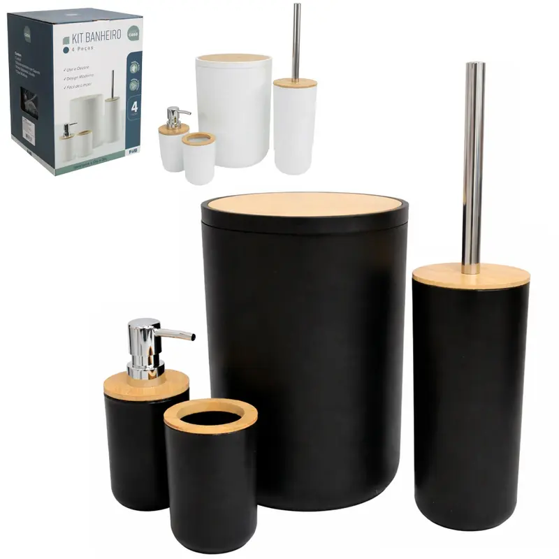 JOGO PARA BANHEIRO COM LIXEIRA / ESCOVA SANITARIA / PORTA SABONETE LIQUIDO / PORTA ESCOVA PLASTICO / BAMBU