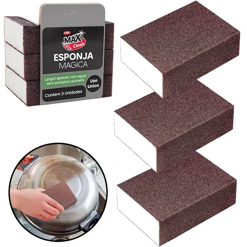 ESPONJA / BUCHA MAGICA DE ESPUMA PARA LIMPEZA PESADA MAX CLEAN COM 3 PECAS 9,5X7X2,5CM