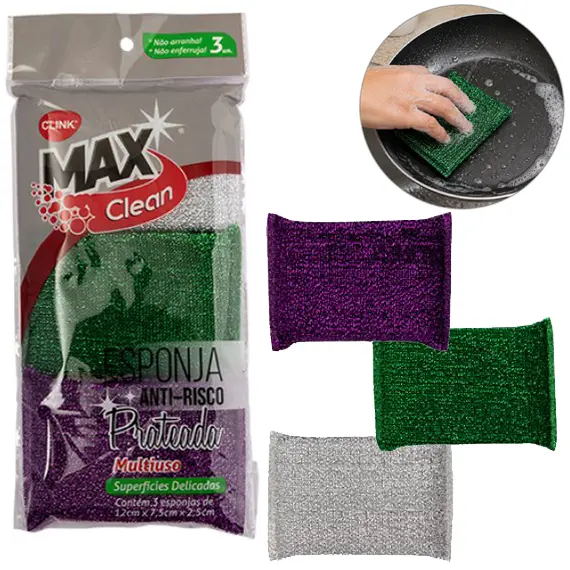 ESPONJA / BUCHA PARA LIMPEZA ANTI-RISCO PRATEADA MAX CLEAN COM 3 PECAS 12X7,5X2,5CM