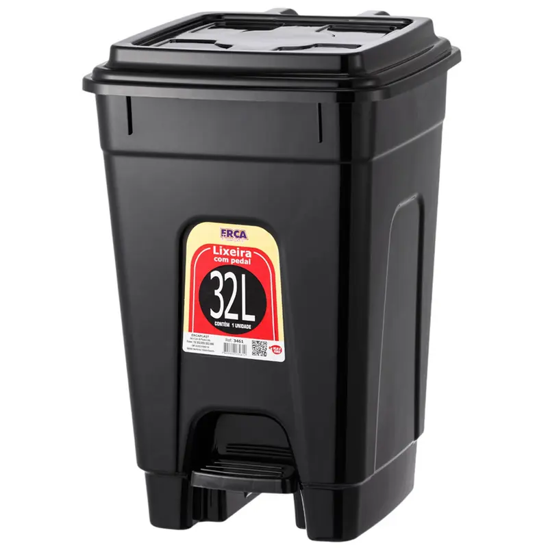 LIXEIRA COM PEDAL DE PLASTICO QUADRADA COM TAMPA PRETA 32L 49X37X33CM
