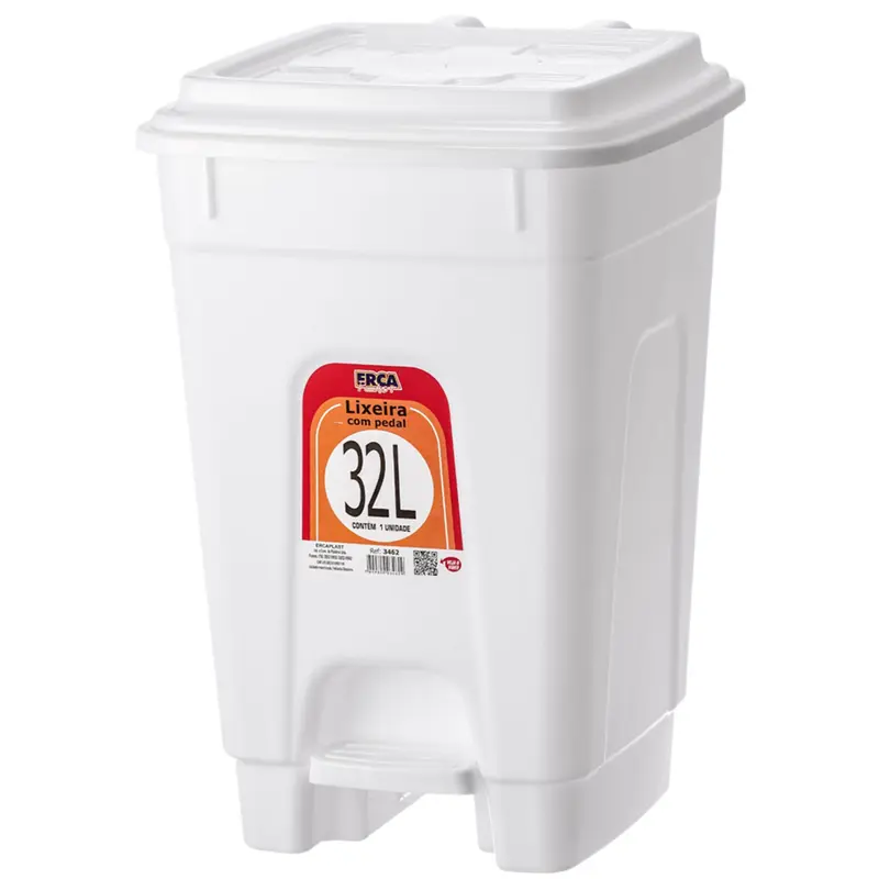 LIXEIRA COM PEDAL DE PLASTICO QUADRADA COM TAMPA BRANCA 32L 49X37X33CM