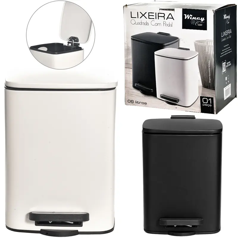 LIXEIRA DE INOX COM PEDAL + TAMPA FECHAMENTO SUAVE QUADRADA E BALDE INTERNO REMOVIVEL PRETO / BRANCO 6L