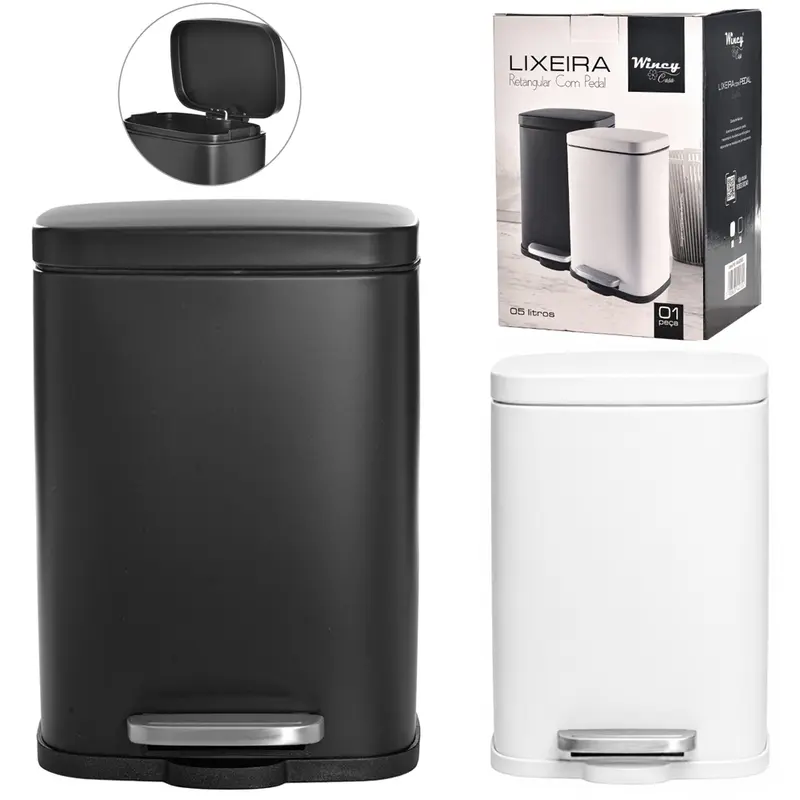 LIXEIRA DE INOX COM PEDAL + TAMPA FECHAMENTO SUAVE RETANGULAR E BALDE INTERNO REMOVIVEL PRETO / BRANCO 5L