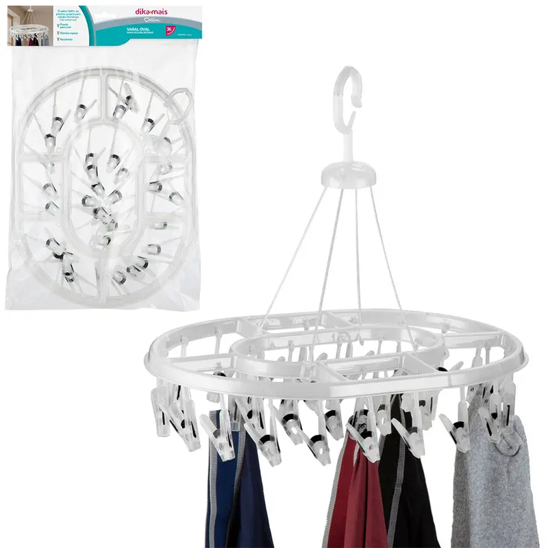 VARAL DE PENDURAR DE PLASTICO OVAL FIXO COM 36 PRENDEDORES DIKAMAIS CRISTAL 44X33CM