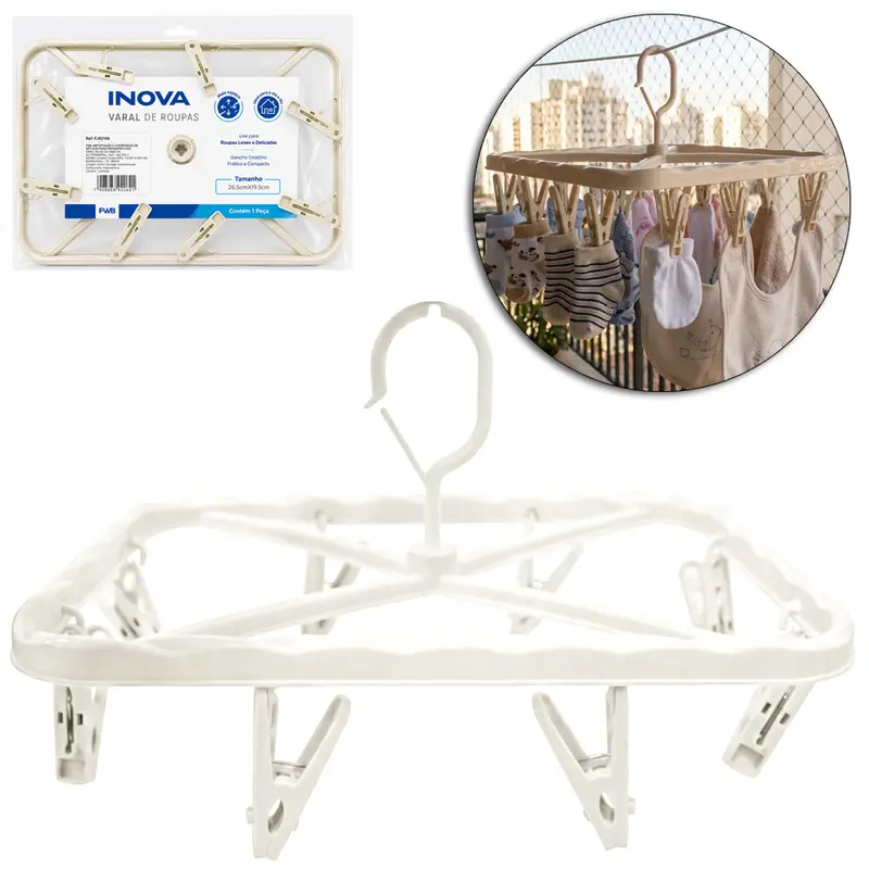 VARAL DE PENDURAR DE PLASTICO RETANGULAR FIXO COM 8 PRENDEDORES INOVA 26,5X19,5CM