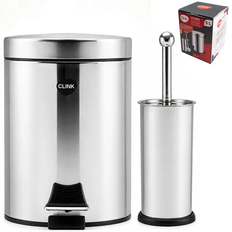 JOGO PARA BANHEIRO LIXEIRA COM PEDAL REDONDA E BALDE INTERNO REMOVIVEL 5L + ESCOVA SANITARIA DE INOX COM SUPORTE