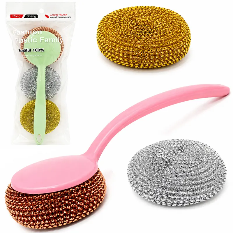 ESPONJA / BUCHA REDONDA PARA LIMPEZA ANTI-RISCO MULTIUSO CABO PLASTICO + 2 REFIS 25X8CM DE Ø