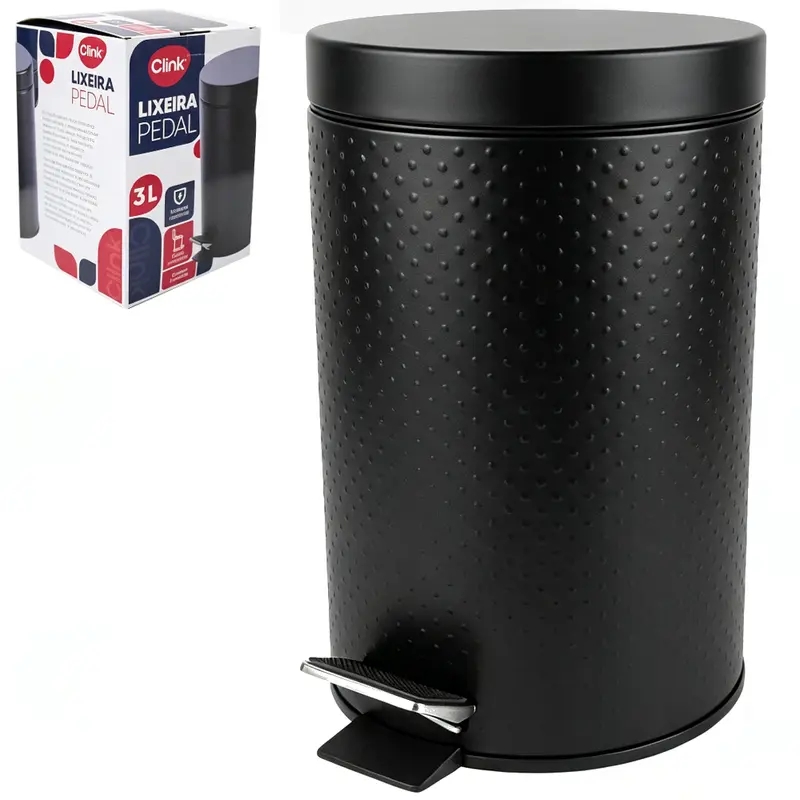 LIXEIRA DE INOX COM PEDAL REDONDA E BALDE INTERNO REMOVIVEL PRETO 3L