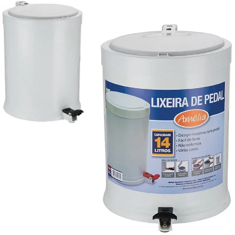 LIXEIRA COM PEDAL REDONDA DE PLASTICO BRANCA AMELIA 14L