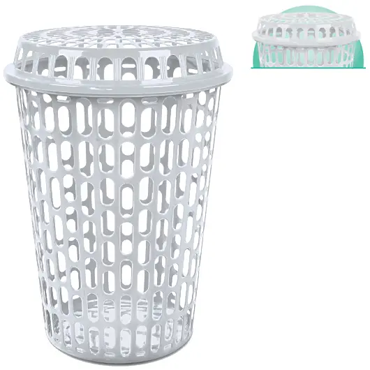 CESTO TELADO DE PLASTICO REDONDO PARA ROUPA COM TAMPA BRANCO 60L