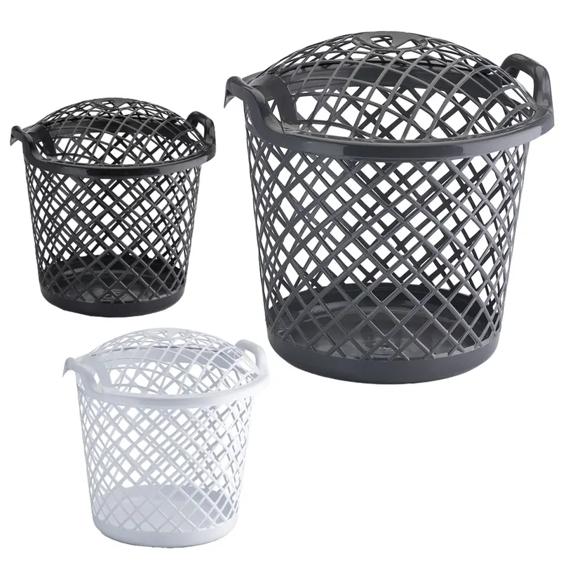 CESTO TELADO DE PLASTICO REDONDO PARA ROUPA COM ALCA + TAMPA 30L