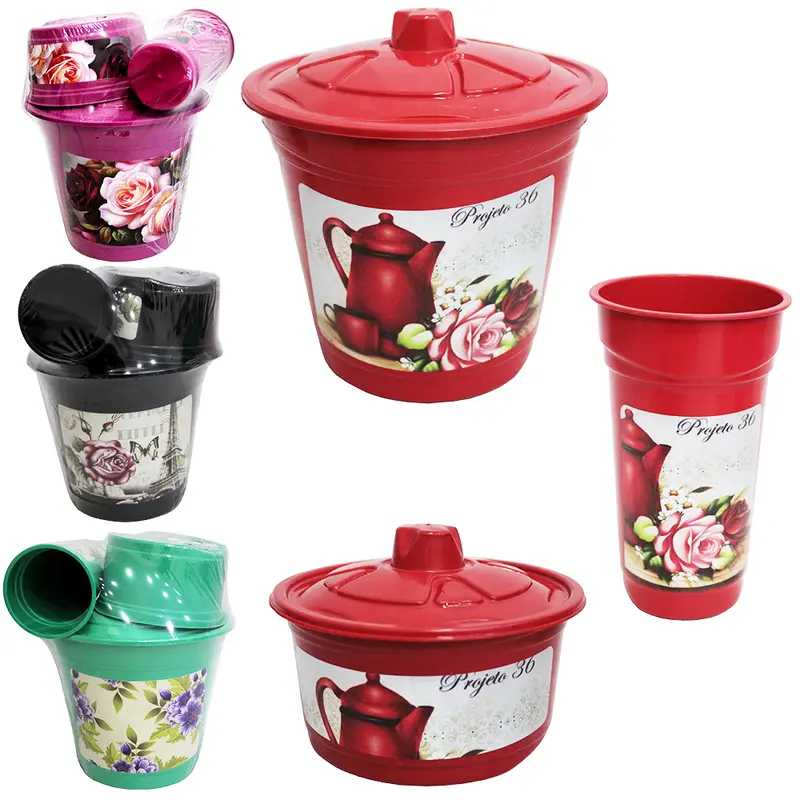 KIT PIA DE PLASTICO DECORADO COLORS COM LIXEIRA + PORTA DETERGENTE + PORTA SABAO / ESPONJA