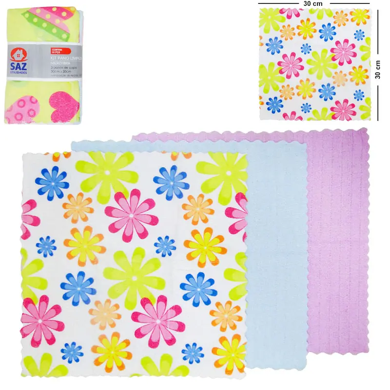PANO DE LIMPEZA DE MICROFIBRA MULTIUSO ESTAMPAS SORTIDAS 3 PECAS 30X30CM