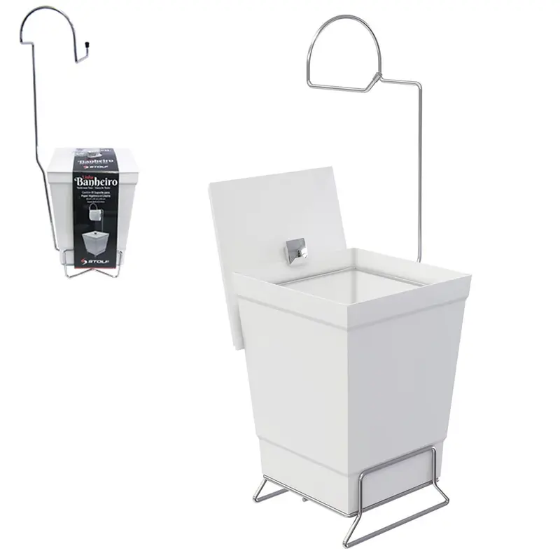 SUPORTE PORTA PAPEL HIGIENICO DE PISO ARAMADO CROMADO COM LIXEIRA BRANCA 60X20CM 6,5L