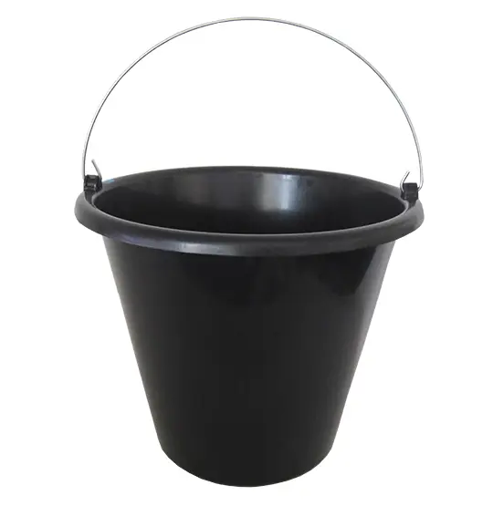 BALDE DE PEDREIRO GRADUADO DE PLASTICO REDONDO PRETO COM APOIO E ALCA DE METAL 20L