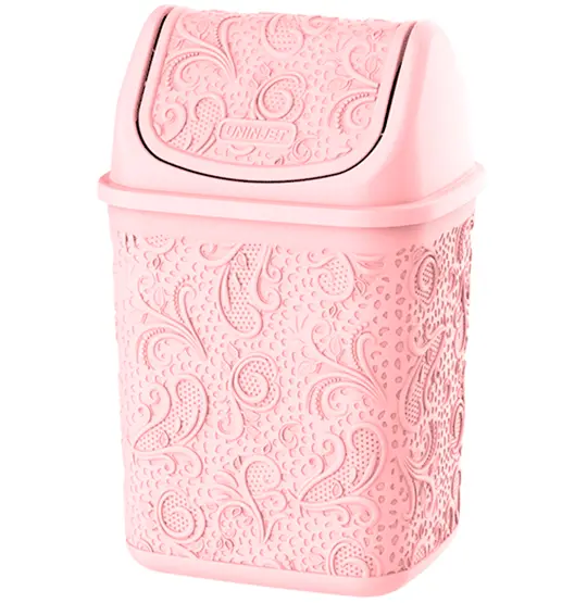 LIXEIRA DE PIA DE PLASTICO RETANGULAR COM TAMPA BASCULANTE RENDA FLORAL ROSA 4,5L