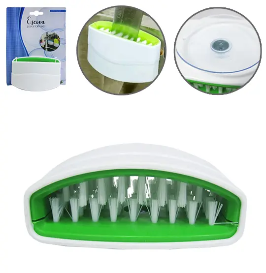 ESPONJA / ESCOVA DE PLASTICO OVAL PARA LAVAR TALHERES COM VENTOSA 10,5X6,5X4,5CM