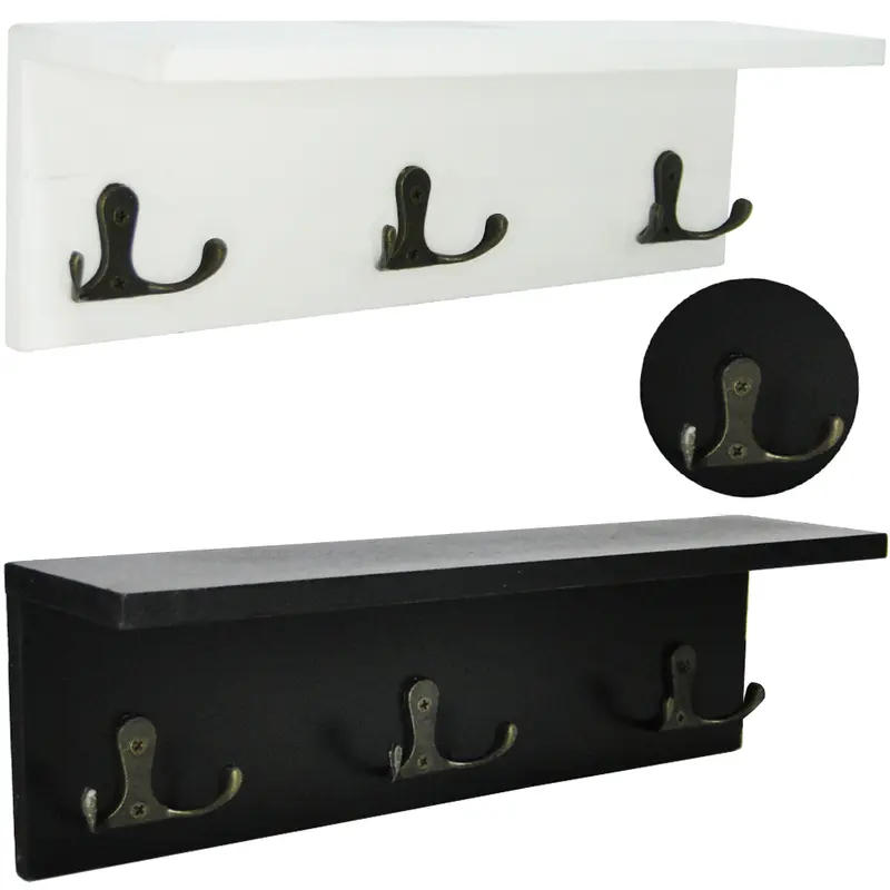 SUPORTE PRATELEIRA ORGANIZADOR DE MADEIRA COM 6 GANCHOS DE METAL 26X8X6,5CM