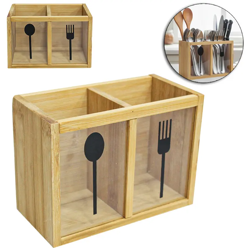PORTA TALHER / ESCORREDOR DE TALHER DE BAMBU COM VISOR E DIVISORIAS 18X13X9CM