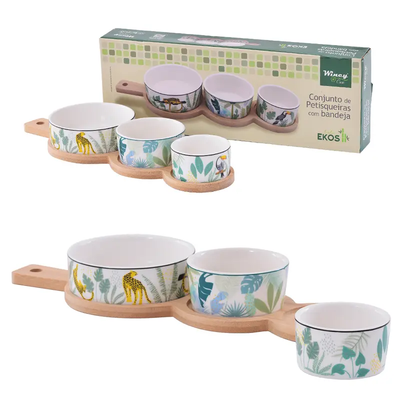 CONJUNTO PETISQUEIRA DE PORCELANA 3 PECAS 100/150/250ML + BANDEJA BAMBU EKOS 35X12CM