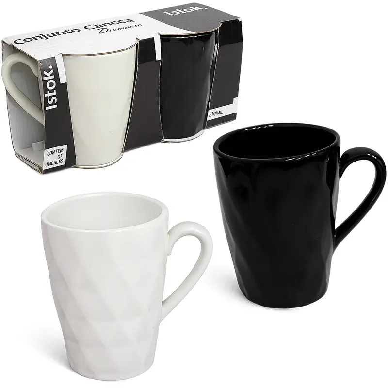 JOGO DE CANECA DE PORCELANA DIAMANTE PRETO / BRANCO COM 2 PECAS 370ML
