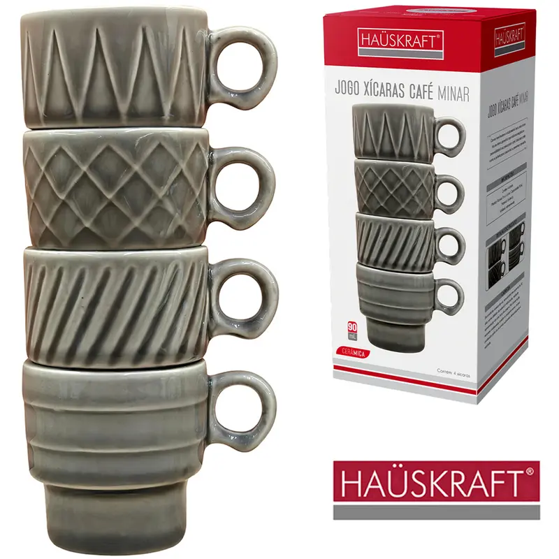 JOGO DE XICARA DE PORCELANA EMPILHAVEL PARA CAFE MINAR HAUSKRAFT CINZA COM 4 PECAS 90ML