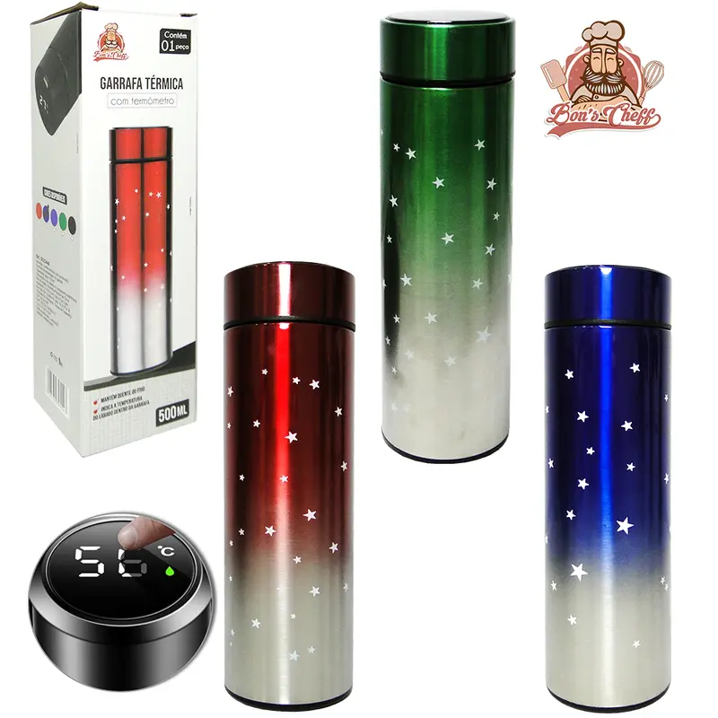 GARRAFA TERMICA DE INOX COM TERMOMETRO DIGITAL + TAMPA COLORS ESTRELA 500ML NA CAIXA