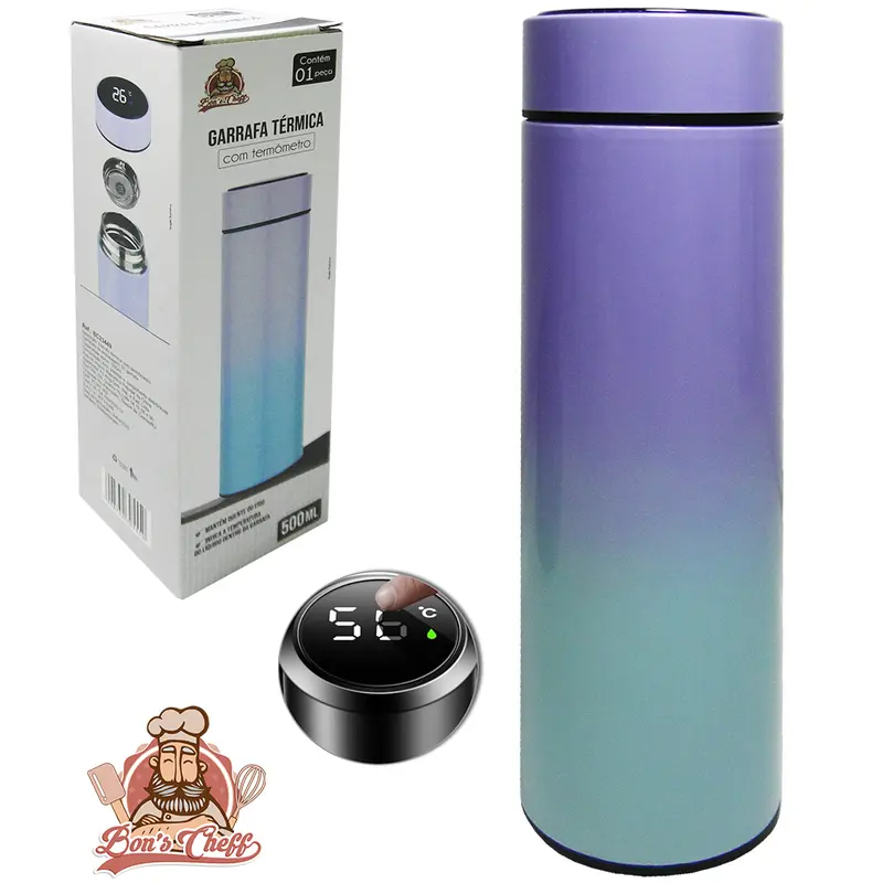 GARRAFA TERMICA DE INOX COM TERMOMETRO DIGITAL + TAMPA COLORS DEGRADE 500ML NA CAIXA