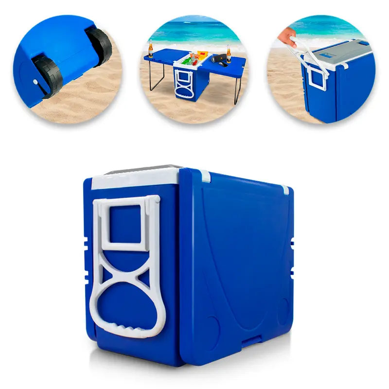 CAIXA SUPER TERMICA MULTIFUNCIONAL 3 EM 1 COM 2 MESAS RETRATEIS E 1 COOLER PLASTICO COM RODAS + 3 ALCAS 32 LTS