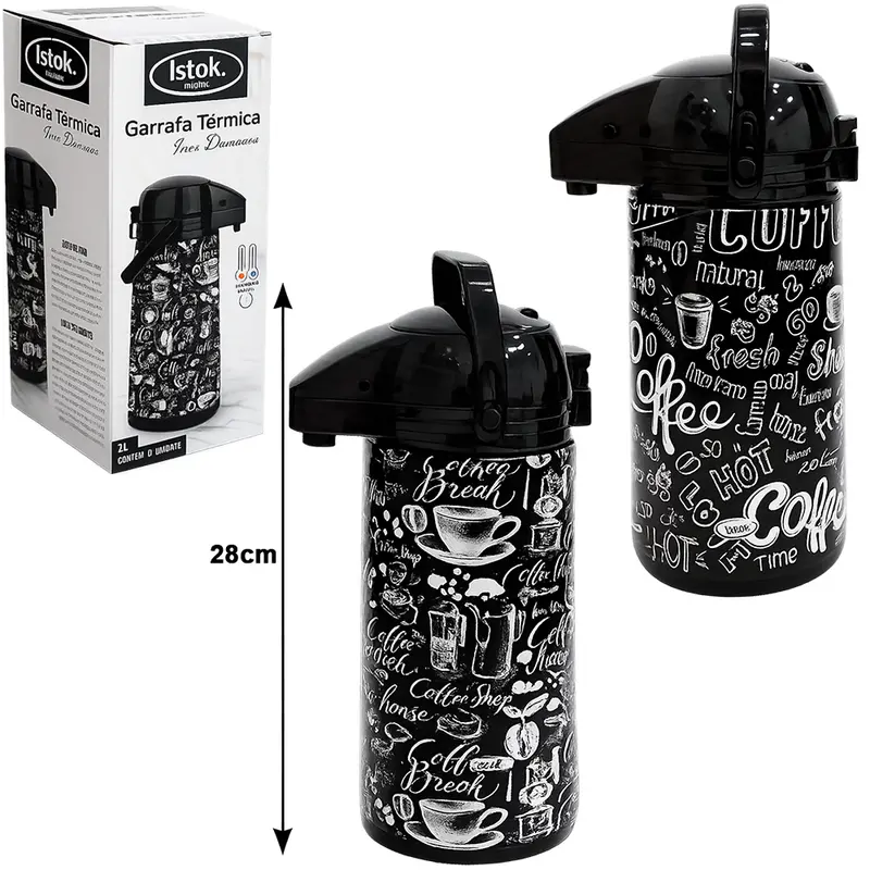 GARRAFA TERMICA DE INOX COM AMPOLA DE VIDRO + TRAVA NA TAMPA OPEN / CLOSE DAMASCO COFFEE 1L