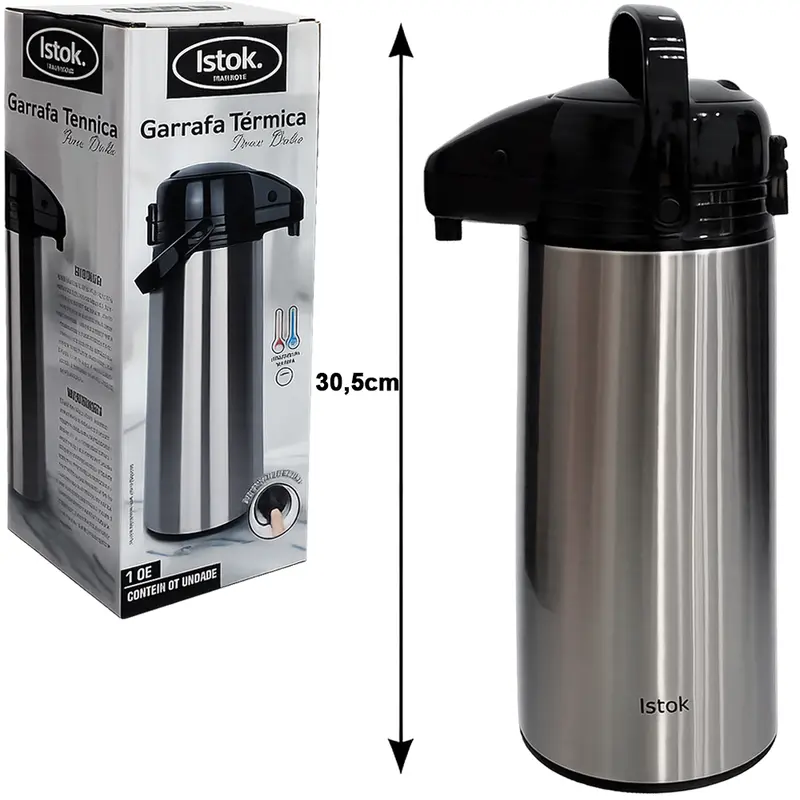 GARRAFA TERMICA DE INOX COM AMPOLA DE VIDRO + TRAVA NA TAMPA DOHA 1,9L
