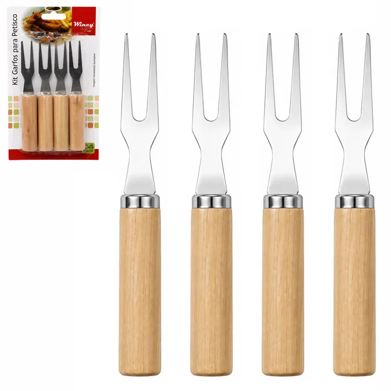 GARFO / GARFINHO PARA FRUTAS E PETISCOS DE METAL CABO MADEIRA COM 4 PECAS