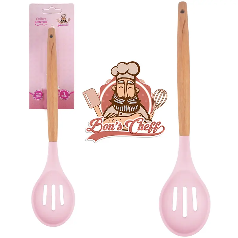 COLHER DE SILICONE VAZADA ROSA CABO MADEIRA BONS CHEFF 31X6,5CM NA CARTELA