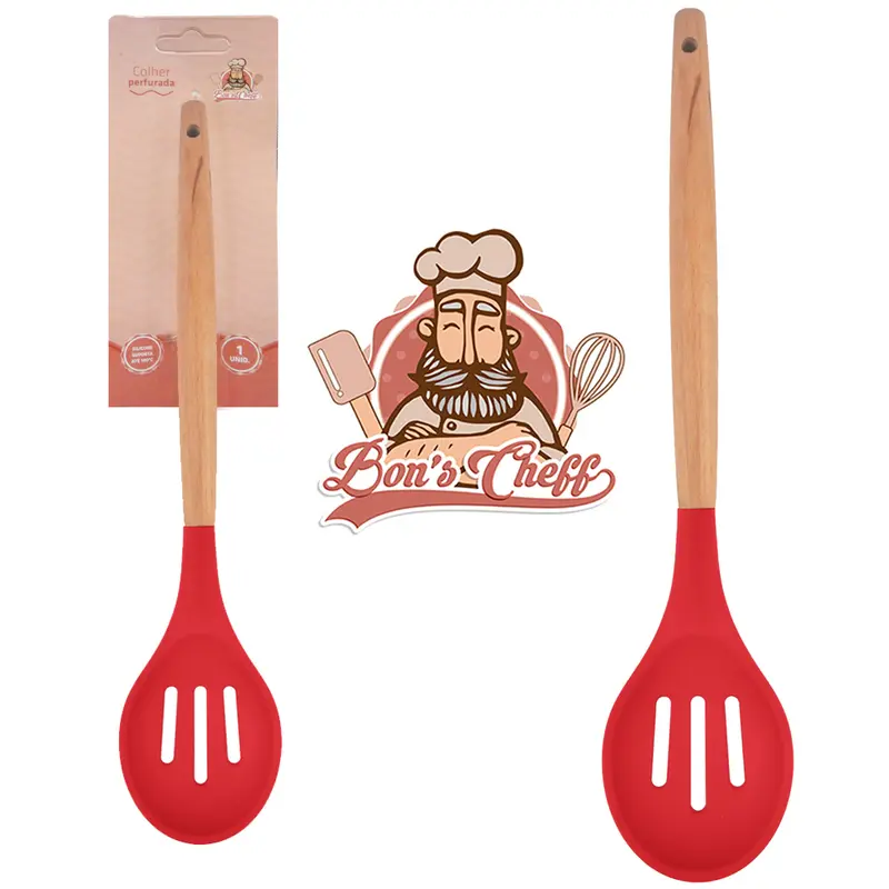 COLHER DE SILICONE VAZADA VERMELHO CABO MADEIRA BONS CHEFF 31X6,5CM NA CARTELA