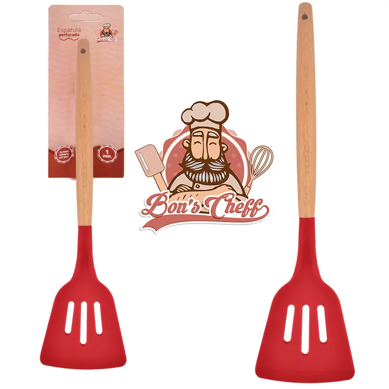 ESPATULA DE SILICONE VAZADA VERMELHO CABO MADEIRA BONS CHEFF 32X8CM NA CARTELA