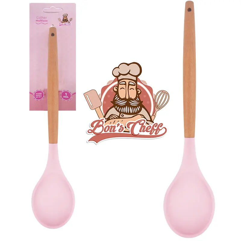 COLHER DE ARROZ DE SILICONE ROSA CABO MADEIRA BONS CHEFF 31X6,5CM NA CARTELA