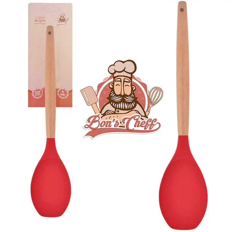 COLHER MULTIUSO DE SILICONE VERMELHO CABO MADEIRA BONS CHEFF 32X6,5CM NA CARTELA
