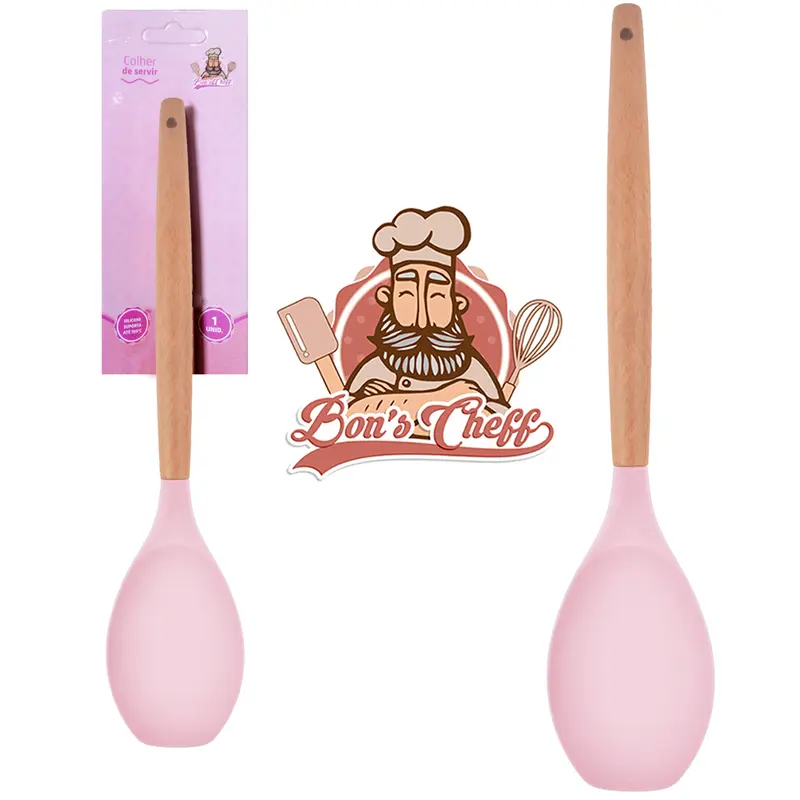 COLHER MULTIUSO DE SILICONE ROSA CABO MADEIRA BONS CHEFF 32X6,5CM NA CARTELA