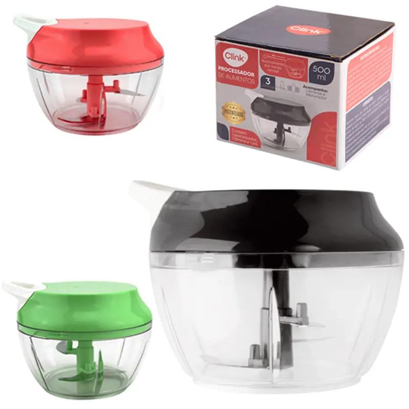 PROCESSADOR DE ALIMENTOS MANUAL A CORDA COM 3 LAMINAS DE INOX E MISTURADOR 500ML