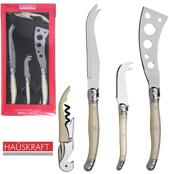 CONJUNTO PARA QUEIJO E FRIOS COM 3 FACAS + SACA ROLHA DE INOX CABO PEROLA HAUSKRAFT
