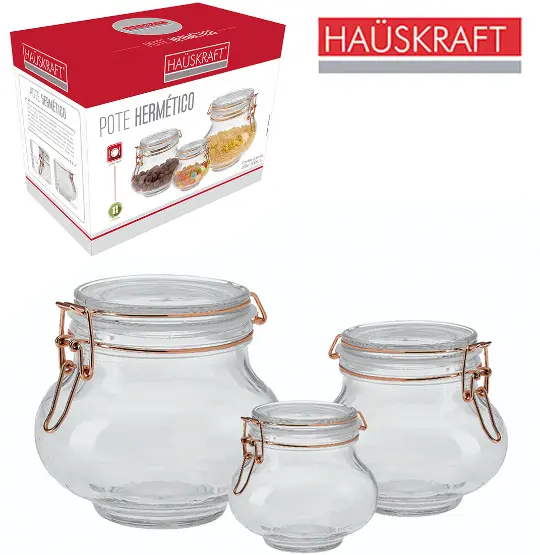 CONJUNTO DE POTE DE VIDRO REDONDO COM TAMPA HERMETICA E FECHO METALIZADO ROSE GOLD HAUSKRAFT 3 PECAS