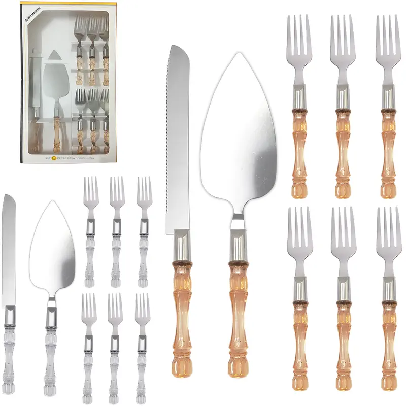 CONJUNTO PARA BOLO / SOBREMESA COM 6 GARFO + ESPATULA E FACA DE INOX CABO ACRILICO CRISTAL