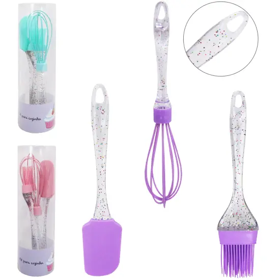 KIT CONFEITEIRO ESPATULA DE PAO DURO / PINCEL CULINARIO / BATEDOR DE CLARAS DE SILICONE CABO ACRILICO GLITTER NO TUBO