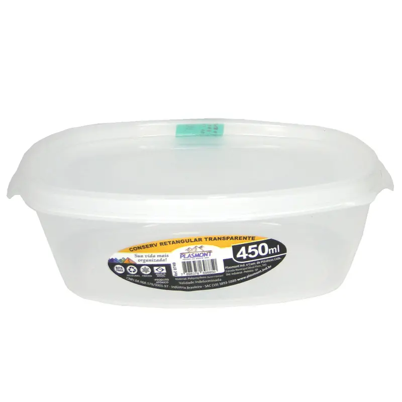 CONSERV DE PLASTICO RETANGULAR COM ALCA + TAMPA 450ML